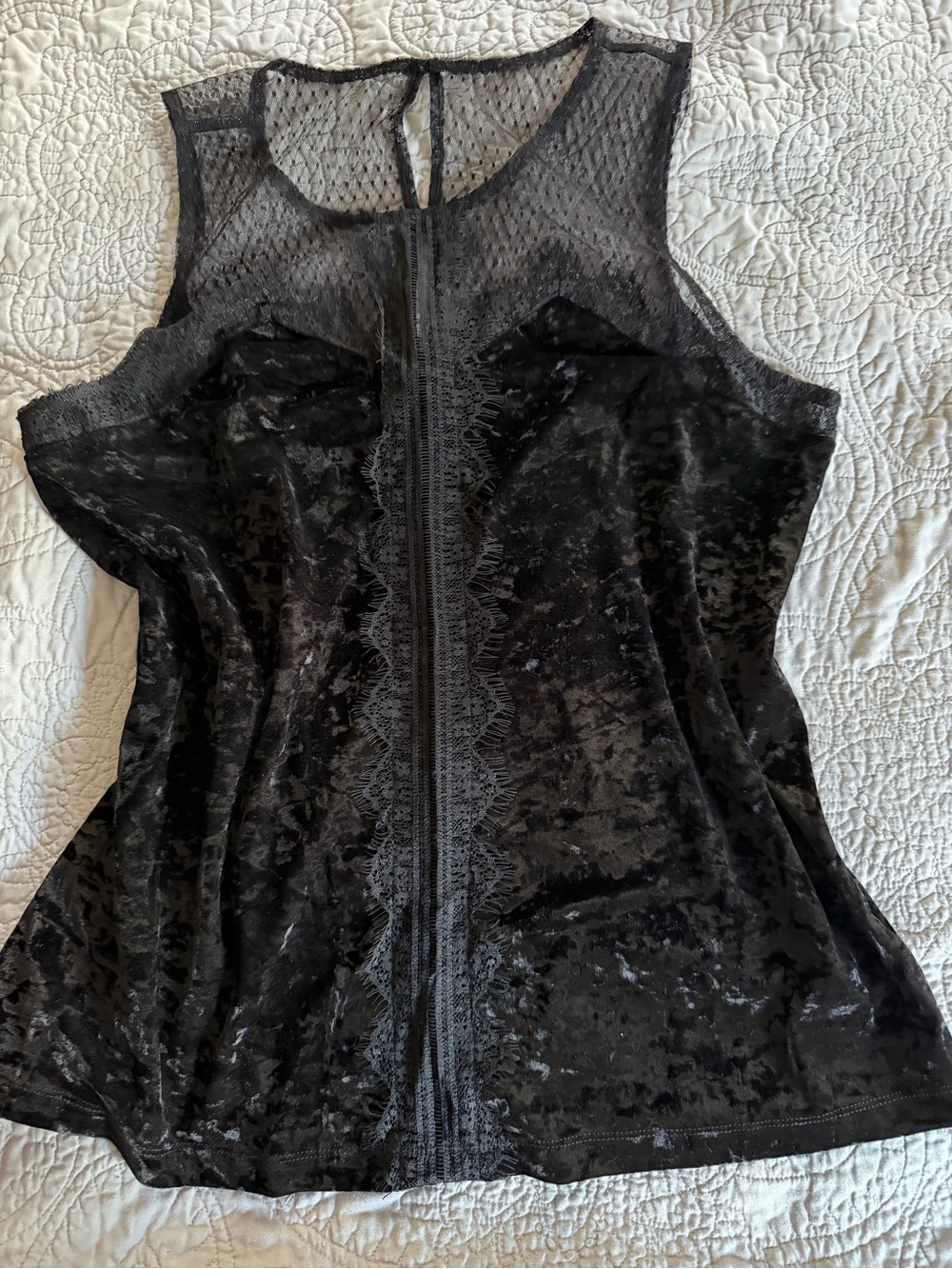 Black crushed Velvet Lace and mesh Trim Sleeveless Top- goth- dark romance